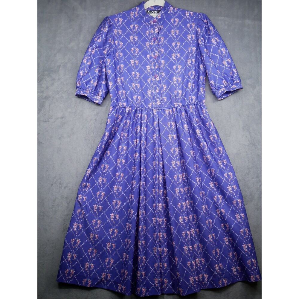 Signor California Vintage Dress Purple 80s Floral Button Front Midi Size Small